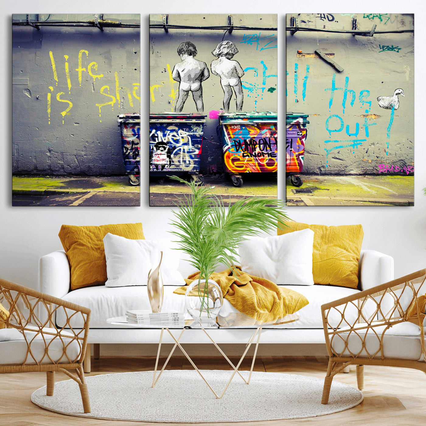 MGV-CV-60X30-3P - Banksy Life is Short Wall Art - Iconic Graffiti Art on Framed Ready-to-Hang Canvas - Street Art