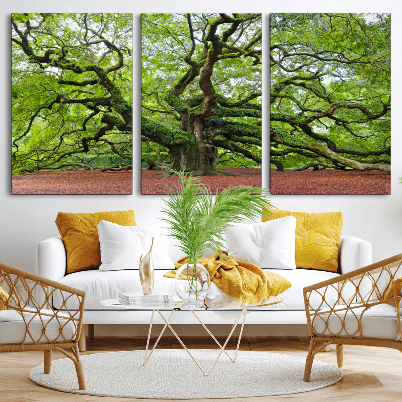 MGV-CV-60X30-3P - Framed Angel Oak Tree Wall Art - 3-Panel Canvas Prints, Large Green Nature Artwork, Ready to Hang