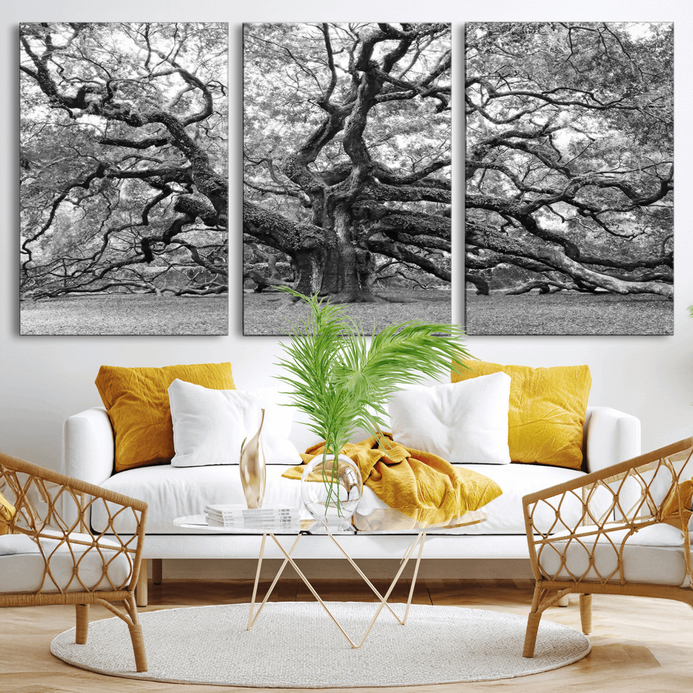 MGV-CV-60X30-3P - Black White Angel Oak Tree Wall Art - Timeless Nature-Inspired Canvas for Rustic, Modern, or