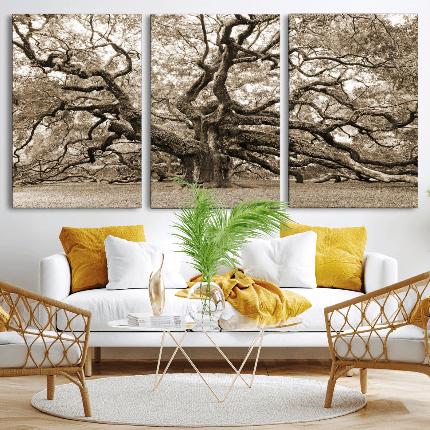 51126-MGV-CV-36X24-Sepia Framed Angel Oak Tree Wall Art - 3-Panel Canvas Prints, Large Green Nature Artwork, Ready to