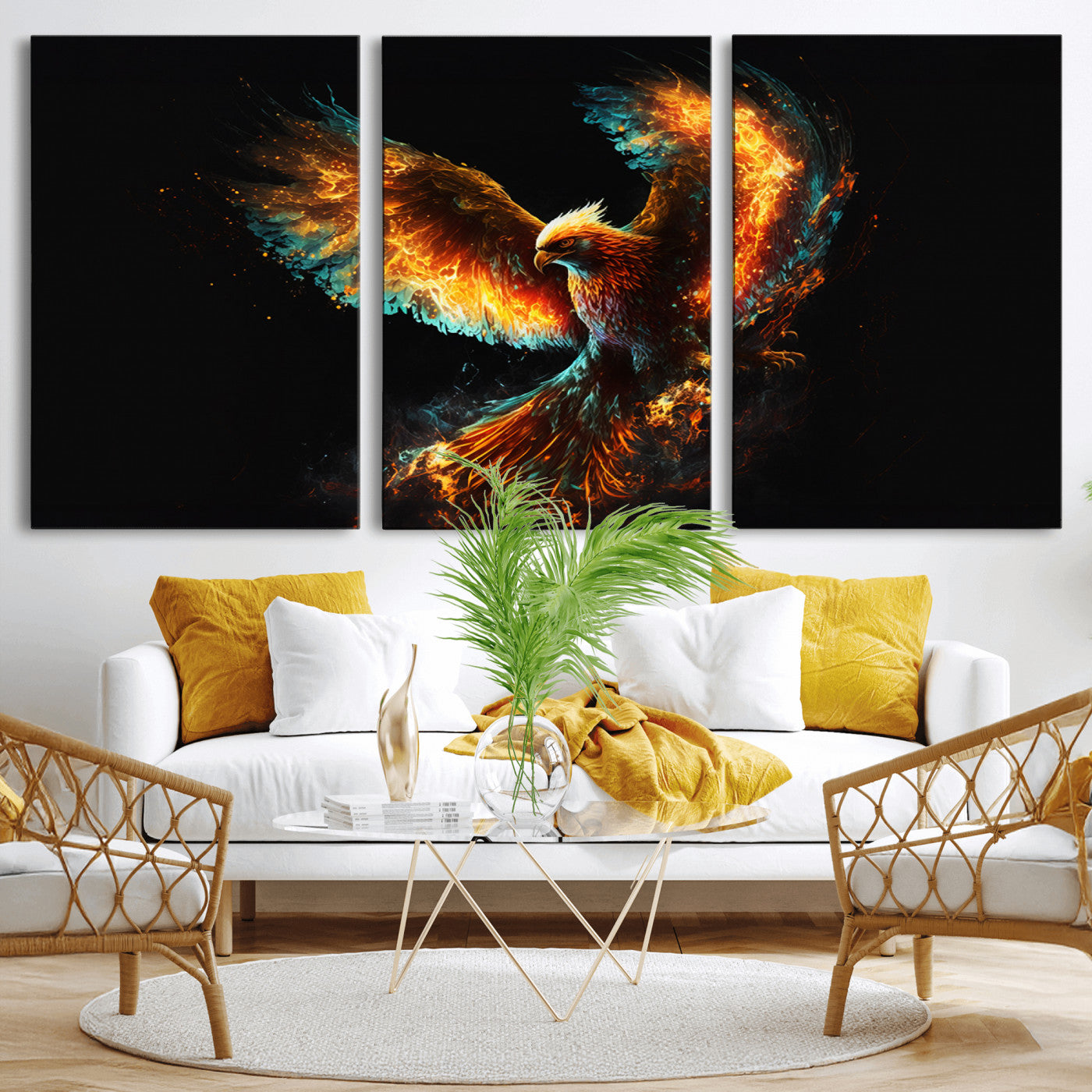 MGV-CV-60X30-3P - Fiery Phoenix Canvas Print | Ready to Hang Wall Art | Bold Fantasy Decor for Living Room | Majestic
