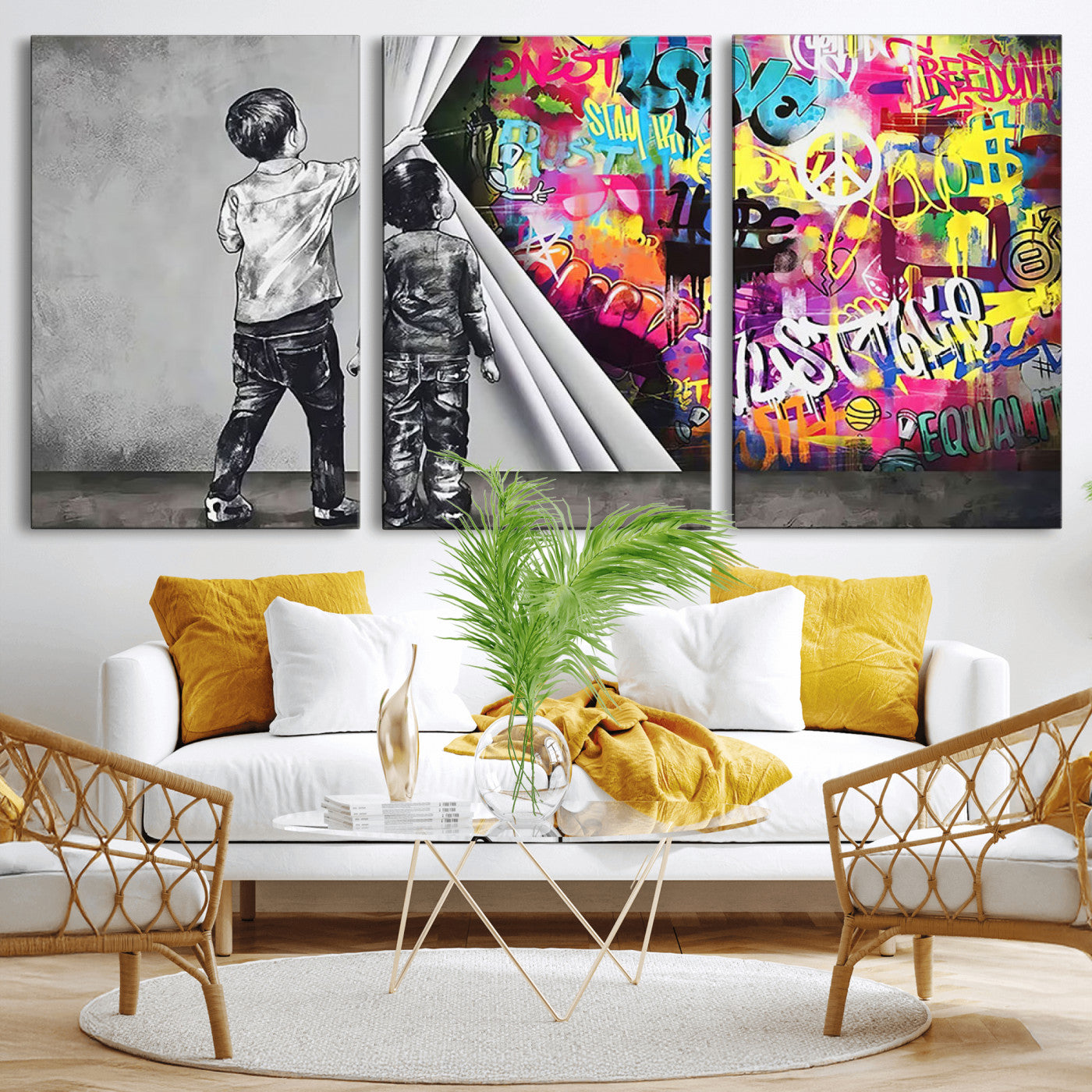 MGV-CV-60X30-3P - Banksy Print - Street Art Canvas Wall Art - Kids Revealing Graffiti, Urban Modern Decor for Living