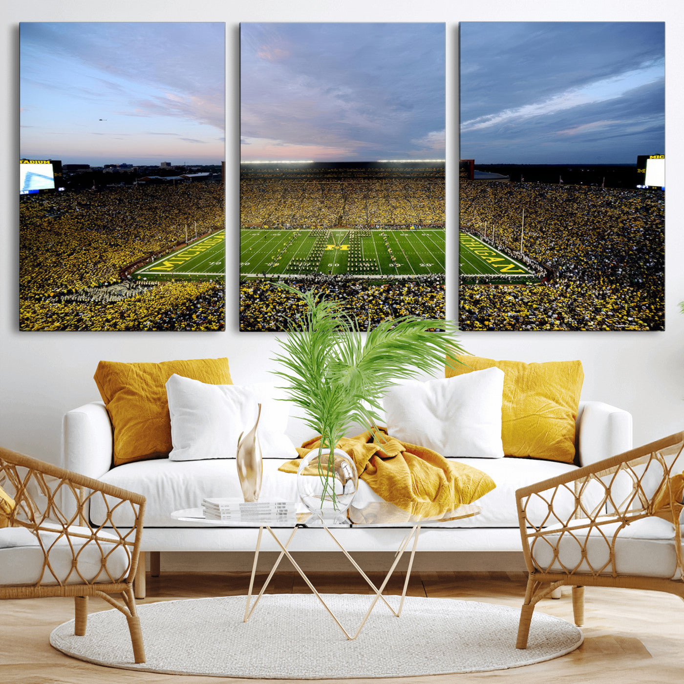 82641-MGV-CV-36X24 - Michigan Stadium Wall Art Canvas Print, Vibrant Game Day Crowd and Sunset Sky Football Field Artwork for Home, Office