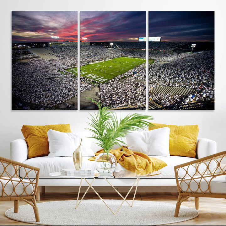 A sunset print on a canvas wall art piece captures the scene of white-clad fans at Beaver Stadium for the Nittany Lions game.