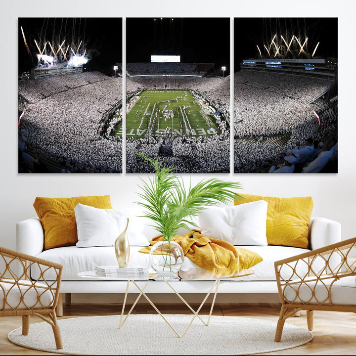 Wide-angle print of a packed stadium with fireworks, ideal gallery-quality wall art - Penn State Nittany Lions Canvas.