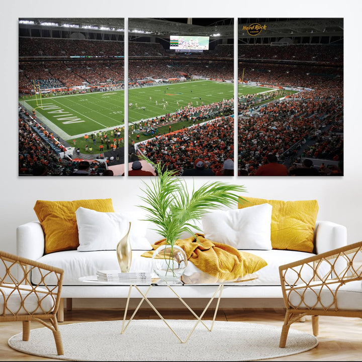 Aerial view of a Miami Hurricanes game at Hard Rock Stadium captured on canvas print, showcasing the teams on the field and fans in the stands.