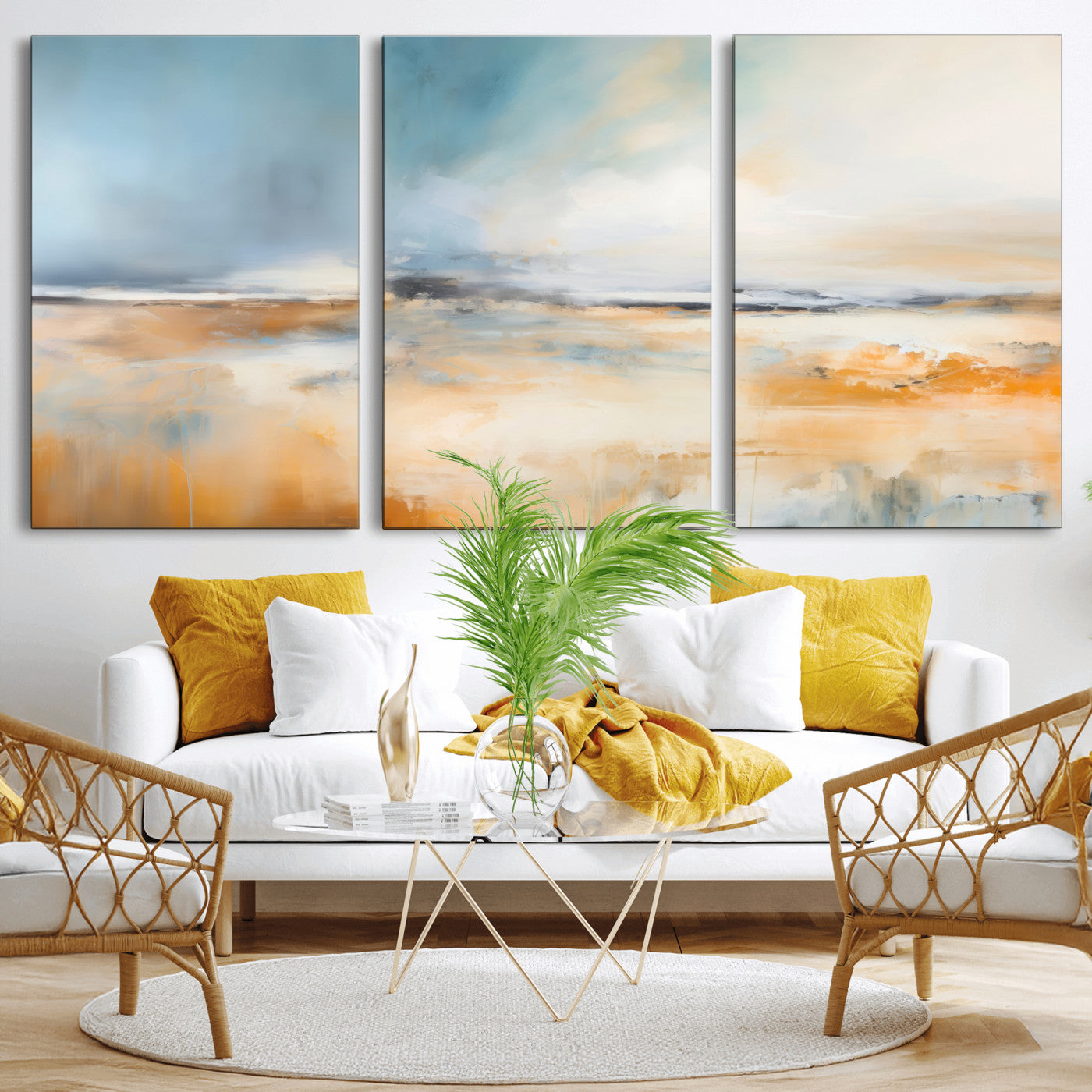-Abstract Landscape Wall Art Canvas Print - Warm Tones of Orange and Blue, Modern Framed Art for Home