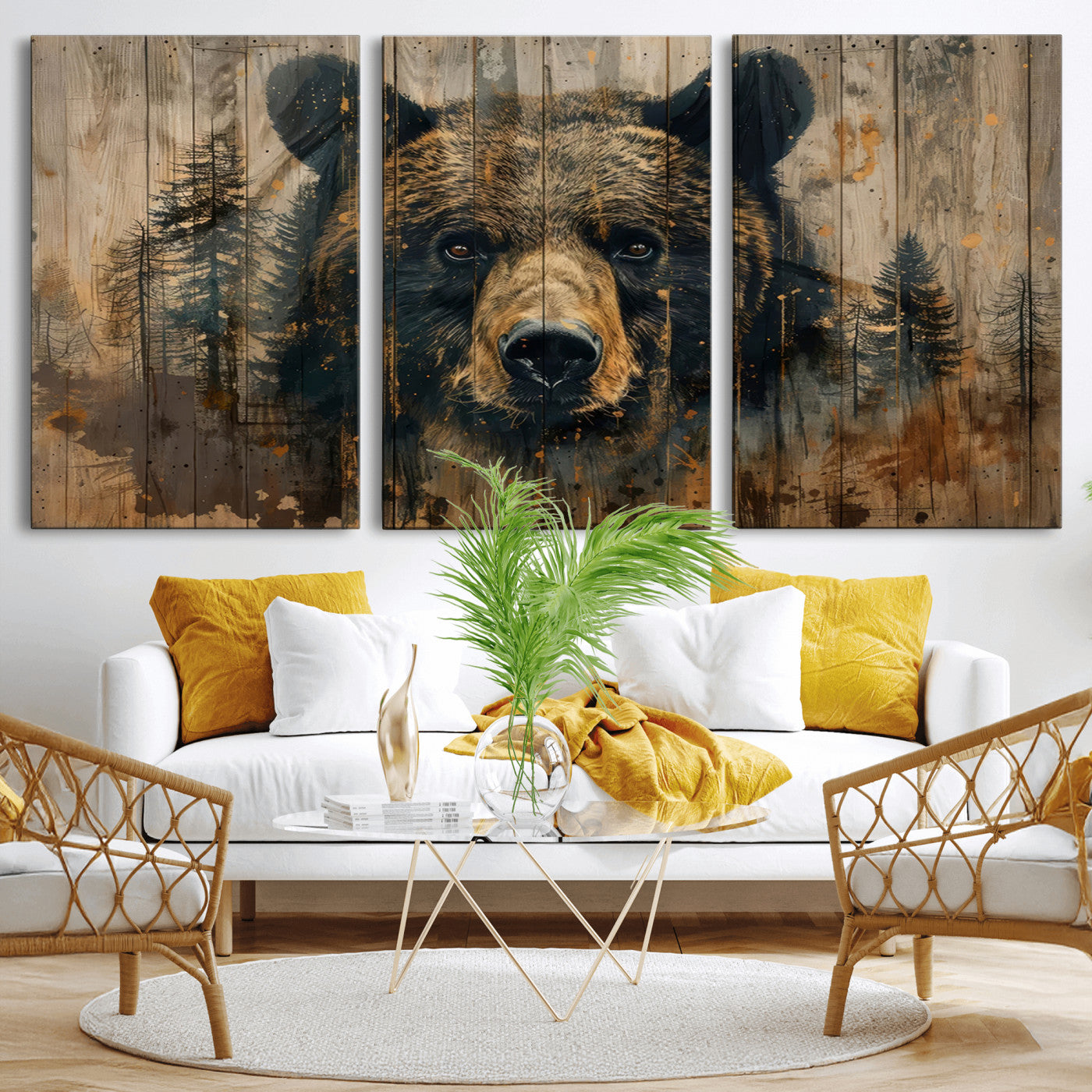 MGV-CV-60X30-3P - Abstract 399 Bear Wall Art | Rustic Cabin Wall Decor with Forest Design | Framed and Ready to Hang |