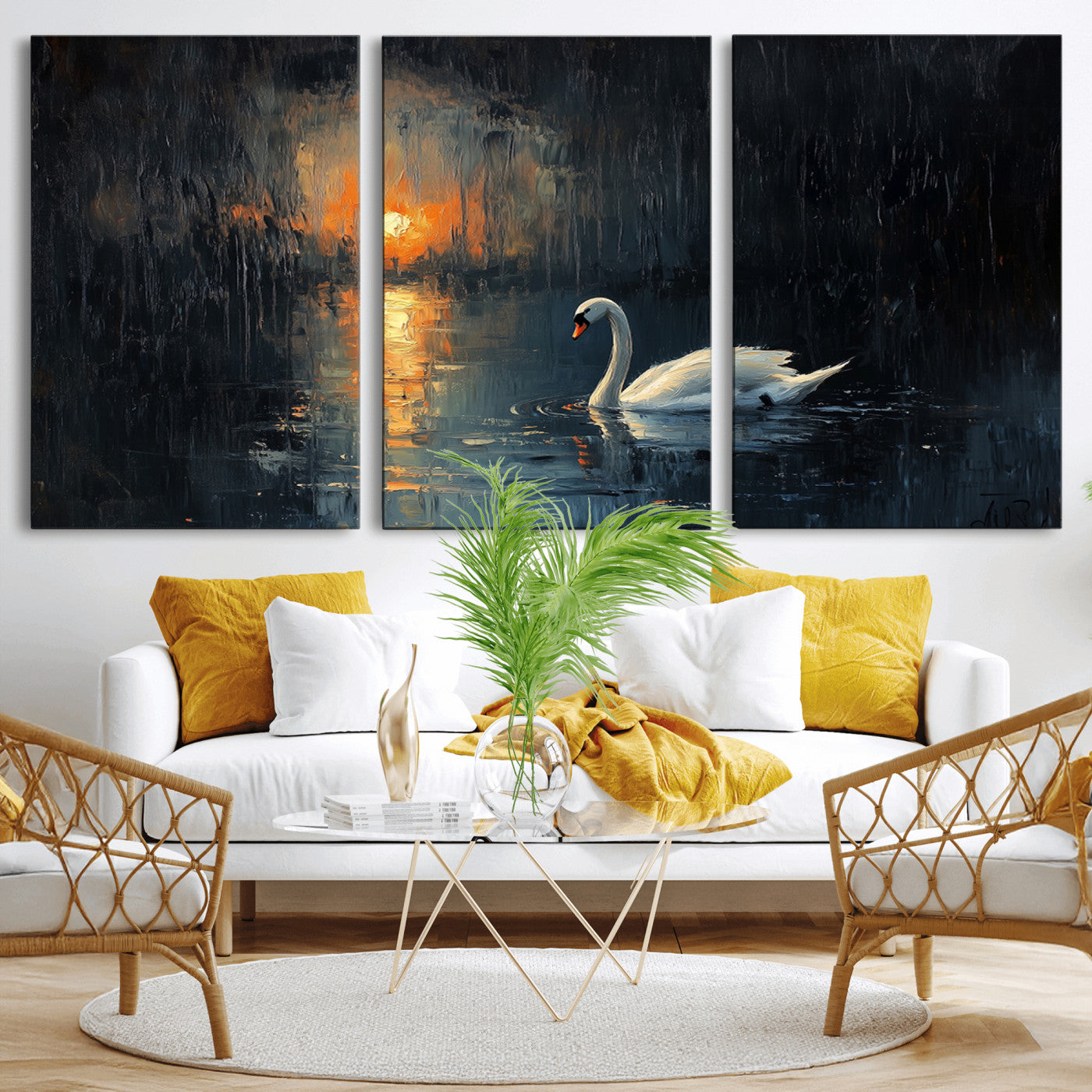 MGV-CV-60X30-3P - Abstract Swan on Water Wall Art Canvas Print - Elegant Nature Scene for Modern Home Decor