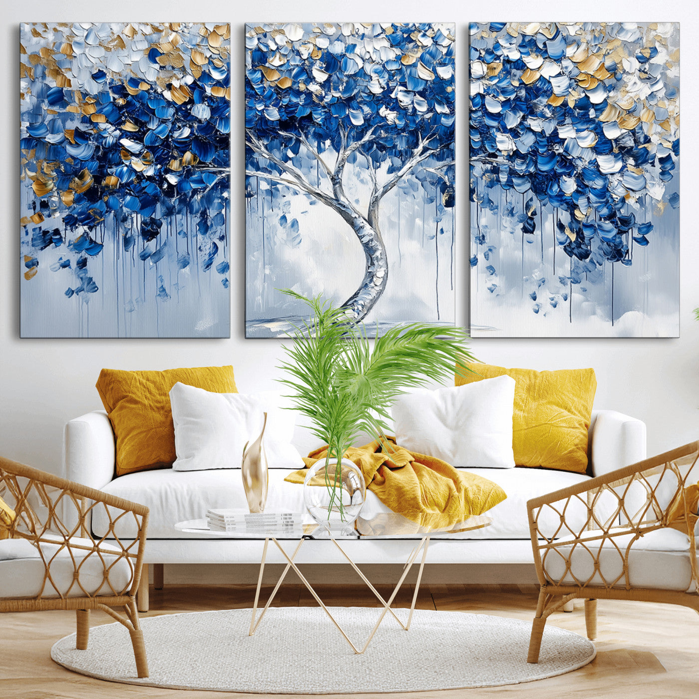 MGV-CV-60X30-3P - Blue and Gold Abstract Tree Wall Art Canvas Print | Modern Tree of Life Painting | Framed Canvas