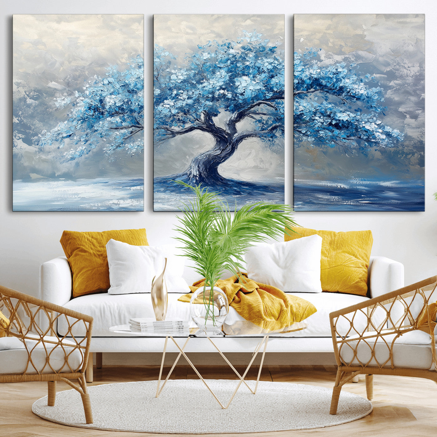 MGV-CV-60X30-3P - Abstract Blue Tree Art Canvas Print, Majestic Tree Wall Art Print for Farmhouse Decor
