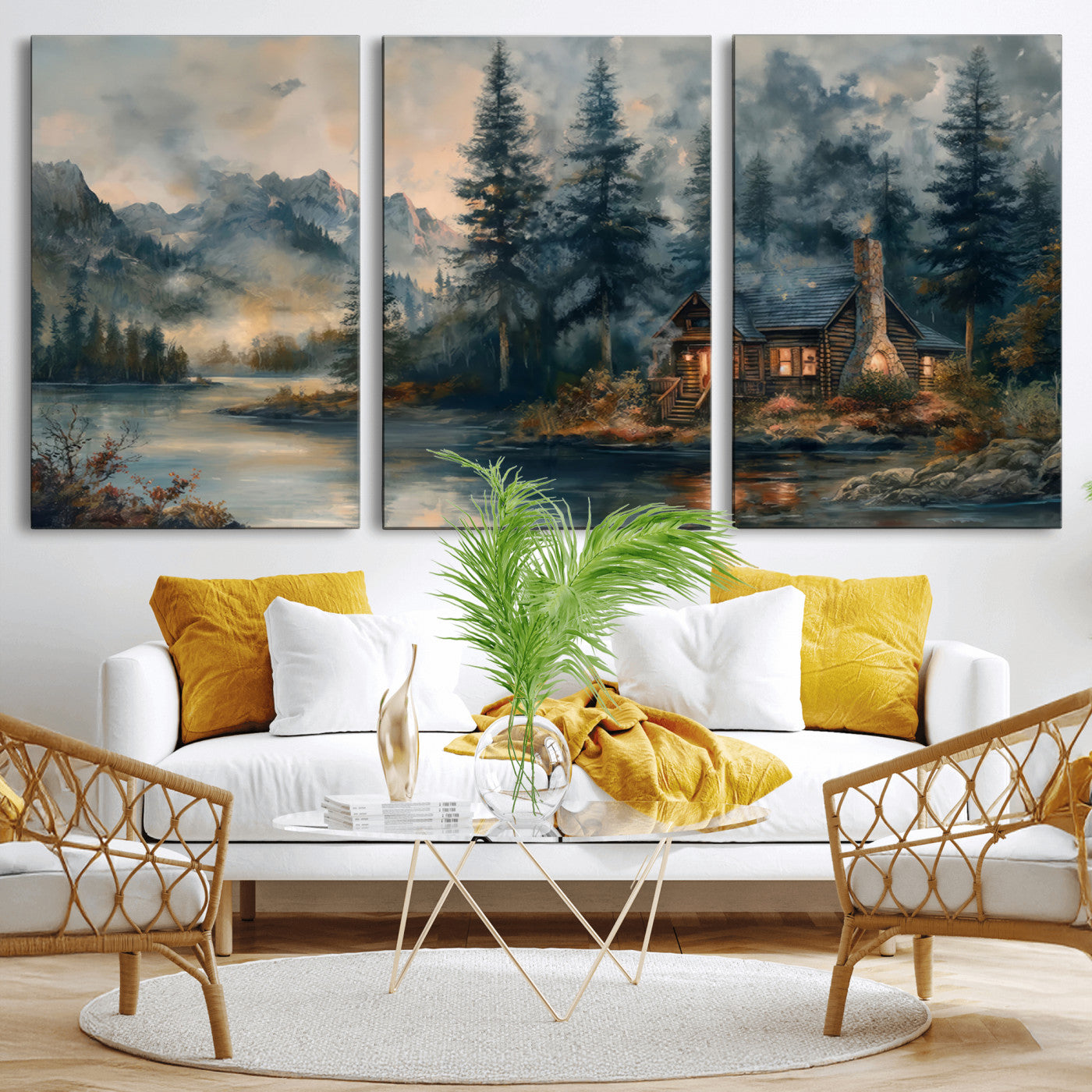 MGV-CV-60X30-3P - Rustic Cabin Woods Wall Art Print | Lake in a Forest Canvas Print | Cabin, Lodge, and Farmhouse
