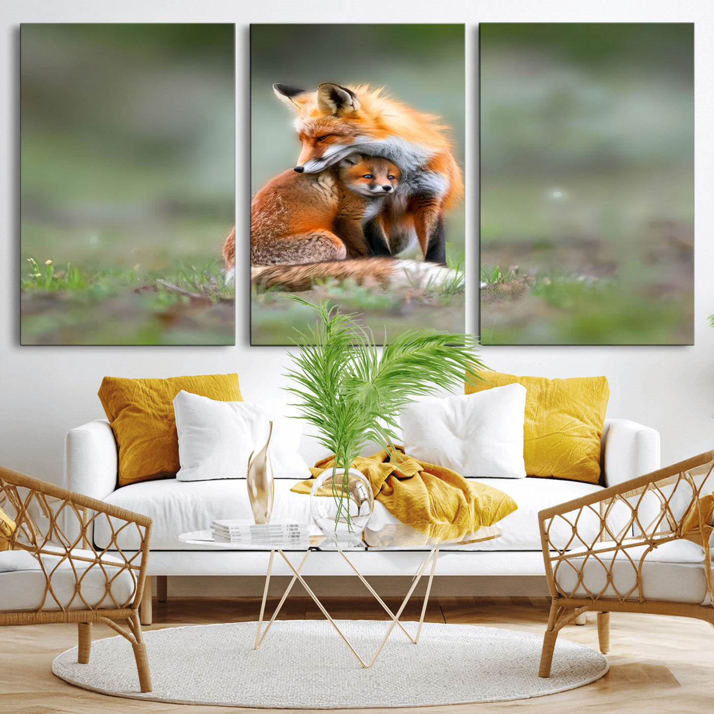 MGV-CV-60X30-3P - Heartwarming Fox and Baby Cub Wall Art | Ready to Hang Canvas Print of Foxes in Nature | Perfect for
