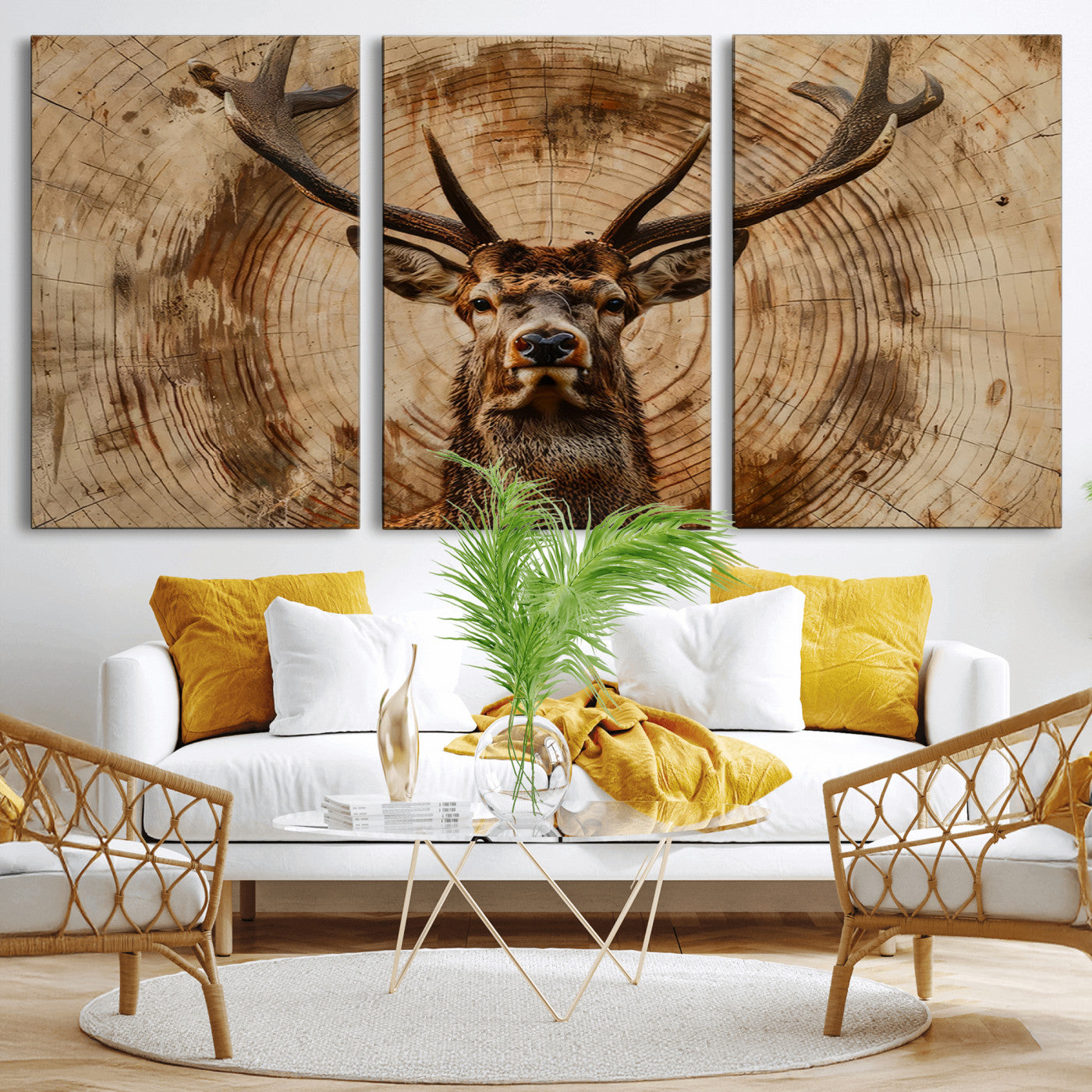 MGV-CV-60X30-3P - Wood Abstract Deer Wall Art | Rustic Wildlife Canvas Print | Ready to Hang Stag Head Triptych for