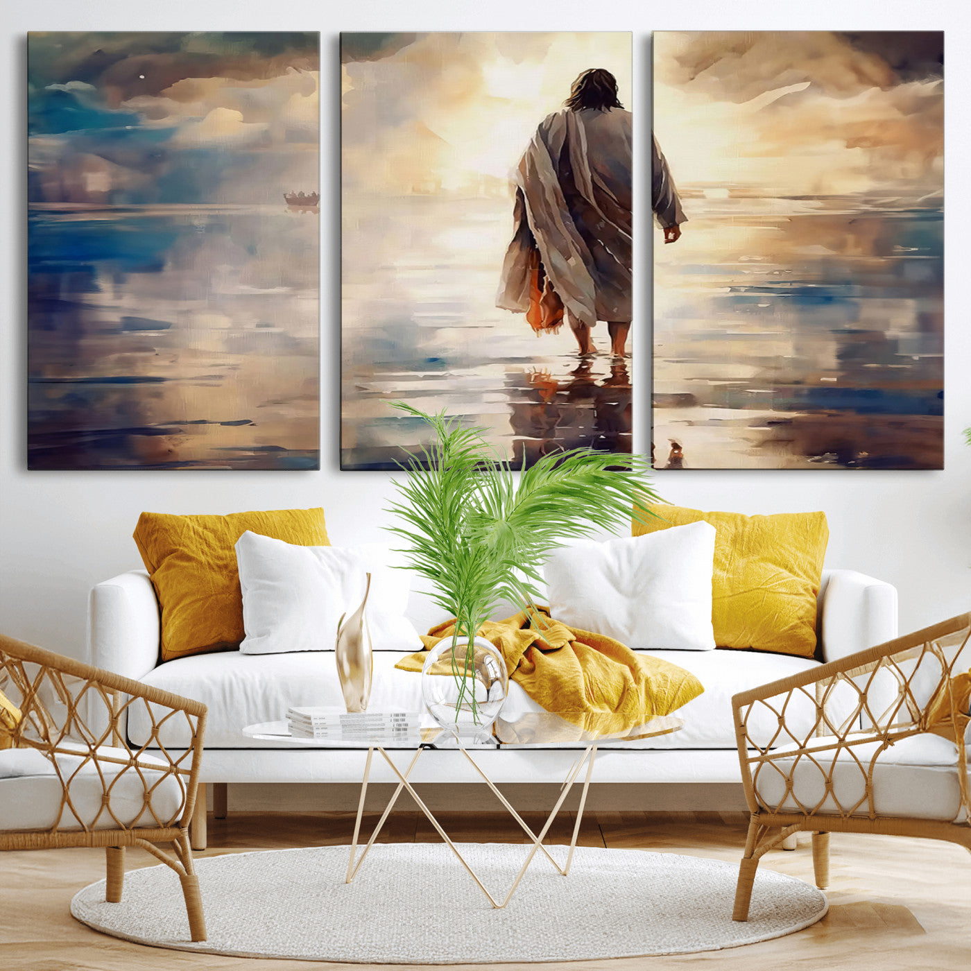 MGV-CV-60X30-3P - Jesus Walking on Water Wall Art | Ready to Hang Spiritual Triptych Canvas Print | Inspirational
