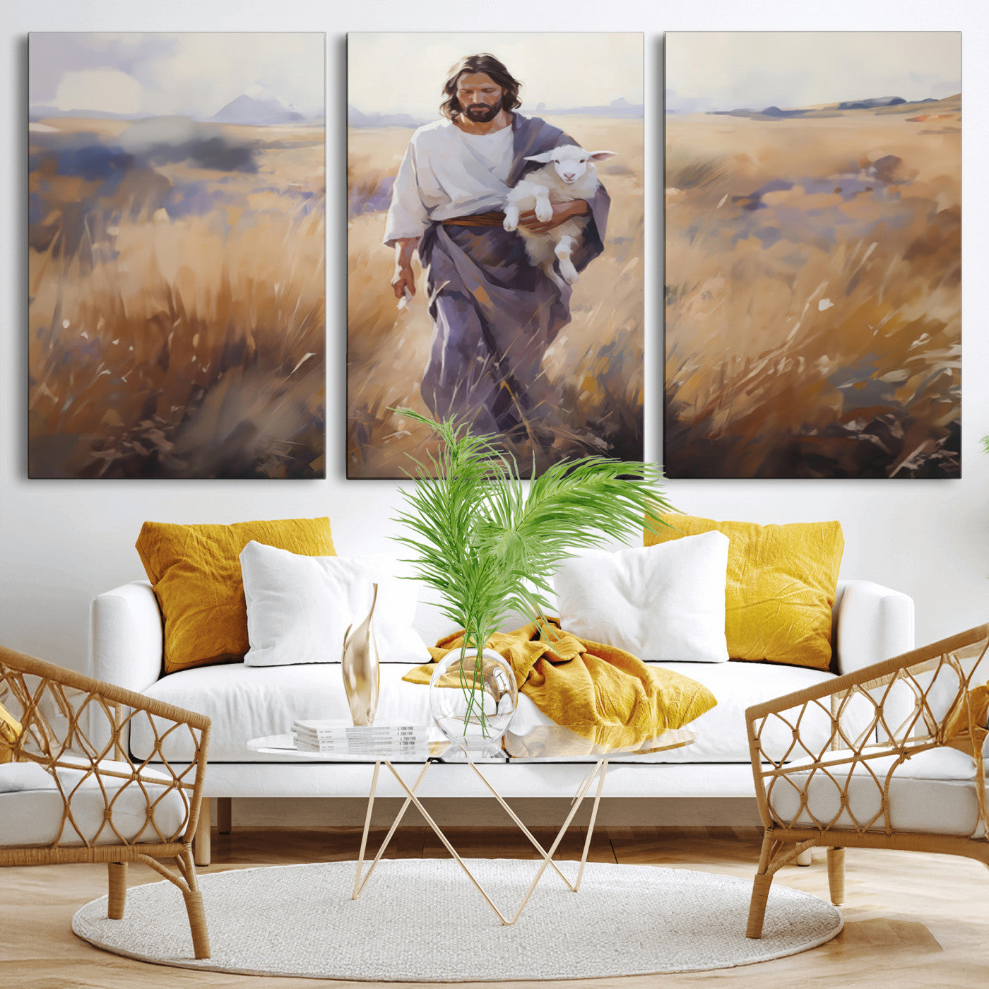 MGV-CV-60X30-3P - Jesus the Good Shepherd Wall Art Canvas Print - Lost Lamb Print for Prayer Room Decor