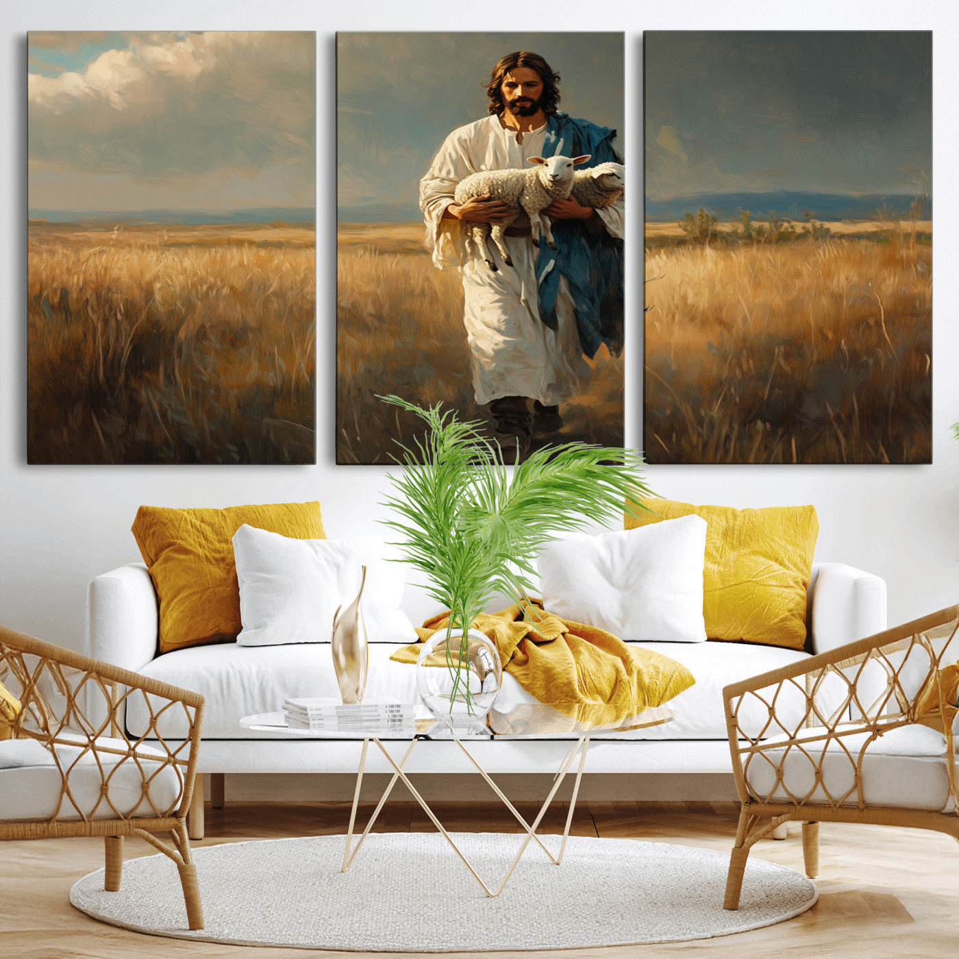 MGV-CV-60X30-3P - Jesus Shepherd Wall Art | Ready to Hang Triptych Canvas of Jesus Holding a Lamb in a Field |