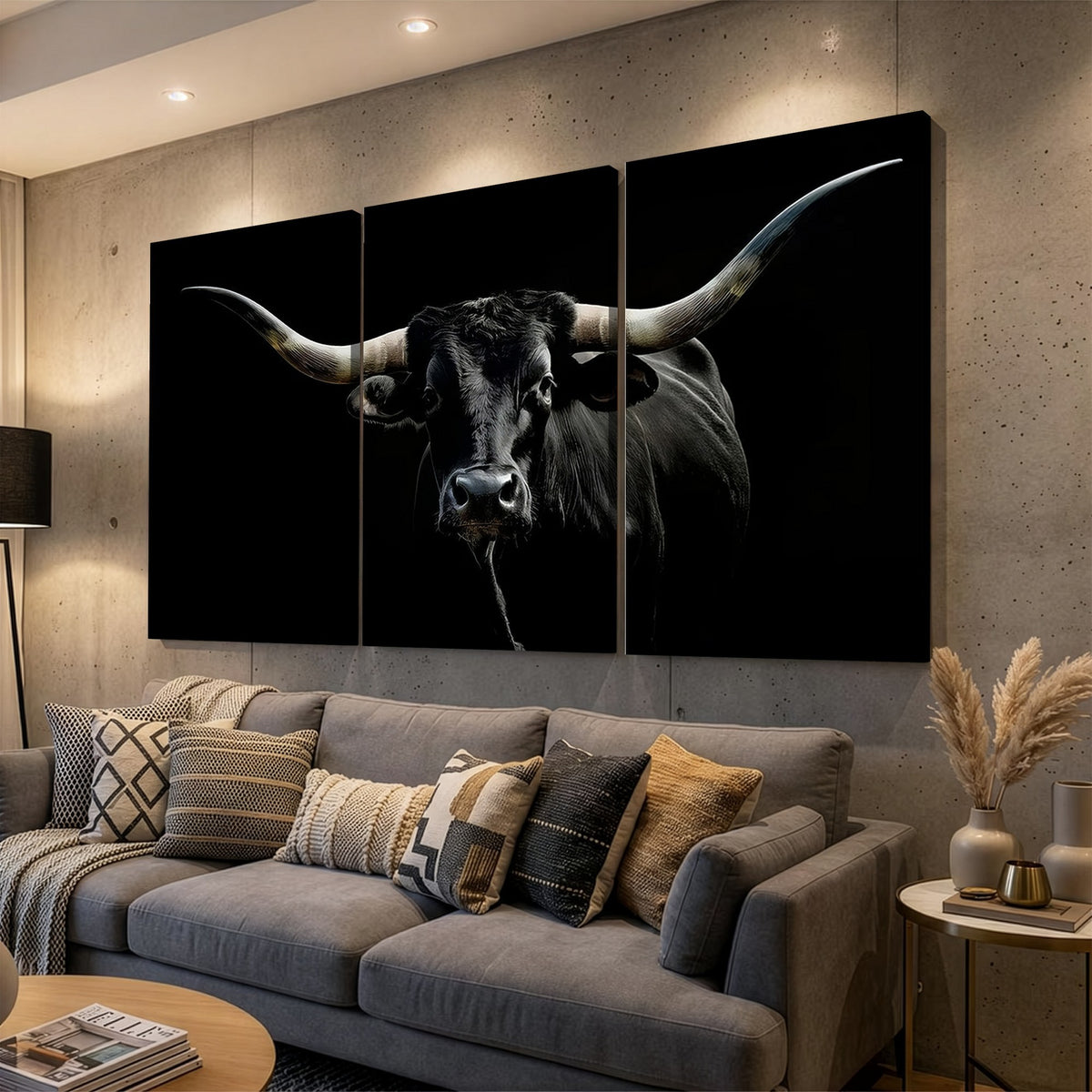 20679-MGV-CV-24X16 - Texas Black Longhorn Bull Wall Art Canvas Print, Western Cattle Rustic Decor
