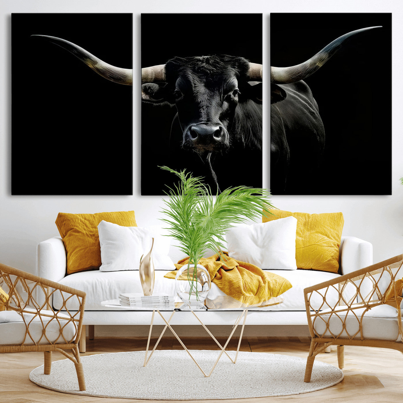 MGV-CV-60X30-3P - Texas Black Longhorn Bull Wall Art Canvas Print - Western Texas Cattle Rustic Decor Print - Longhorn