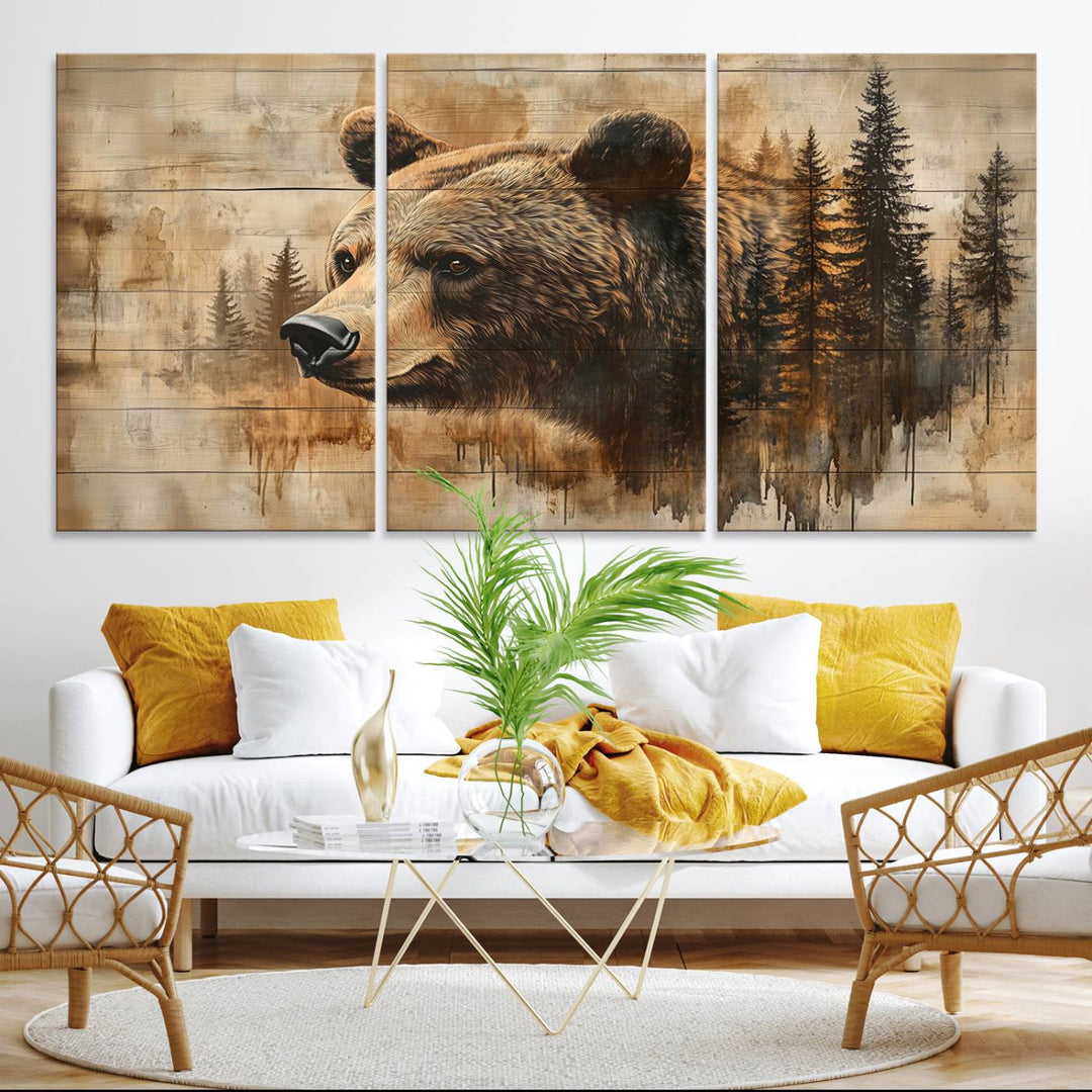 A Rustic Grizzly Bear Wall Art, ideal for farmhouse decor, beautifully adorns the setting with its charming presence.