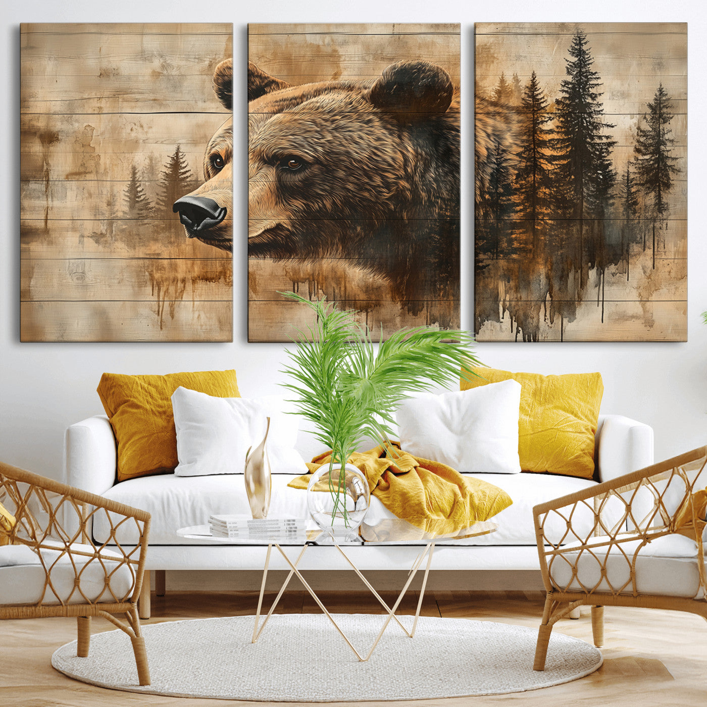 MGV-CV-60X30-3P - Rustic Grizzly Bear Wall Art, Abstract Grizzly 399 Bear Wall Art Canvas Print - Woodland Wildlife