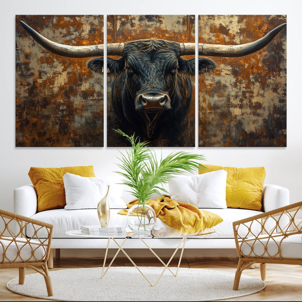 The Longhorn Texas Cow Bull Wall Art canvas print showcases rustic farmhouse decor.