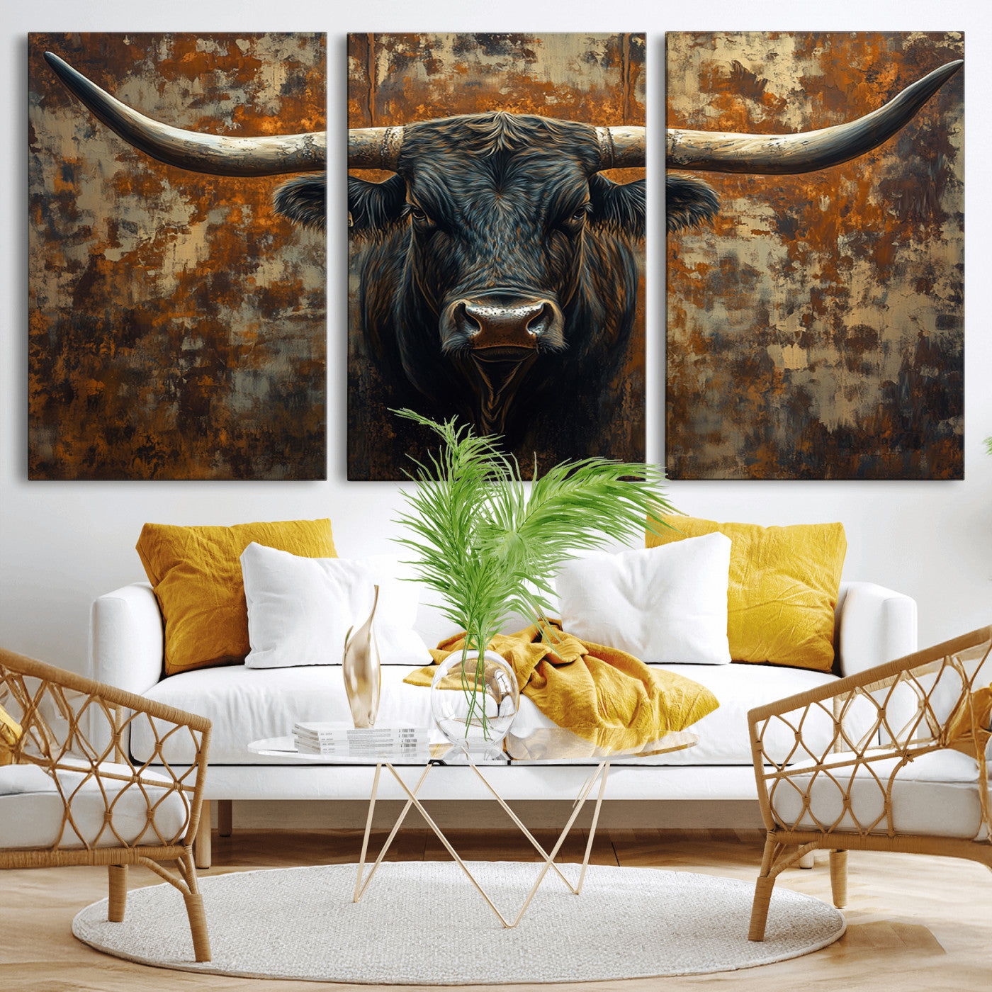 MGV-CV-60X30-3P - Longhorn Texas Cow Bull Wall Art | Rustic Farmhouse Canvas Print | Ready to Hang Barn Decor for