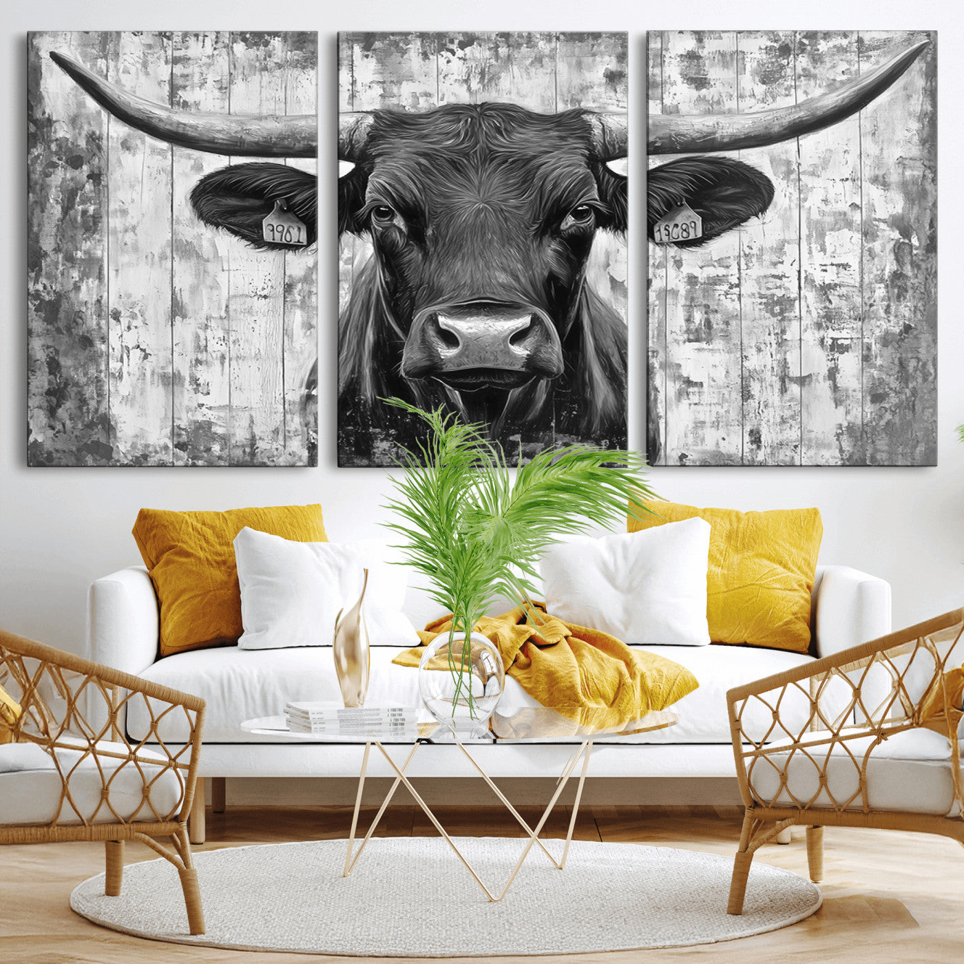 MGV-CV-60X30-3P - Abstract Longhorn Bull Wall Art Canvas Print - Rustic Texas Western Cow Artwork