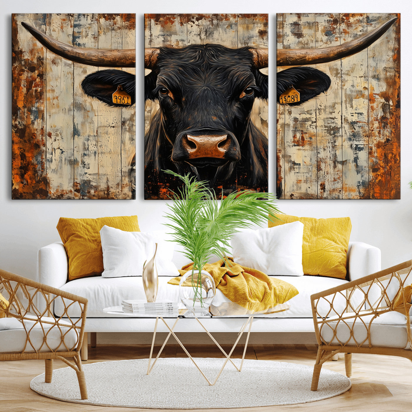 MGV-CV-60X30-3P - Rustic Texas Artwork Wall Art Canvas Print - Abstract Cow Longhorn Bull Wall Art Canvas Print