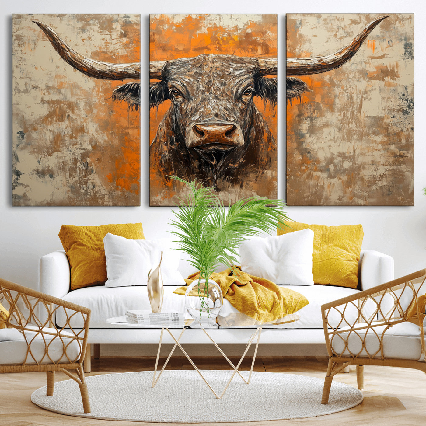 MGV-CV-60X30-3P - Abstract Cow Longhorn Bull Wall Art Canvas Print - Rustic Texas Western Cattle Artwork