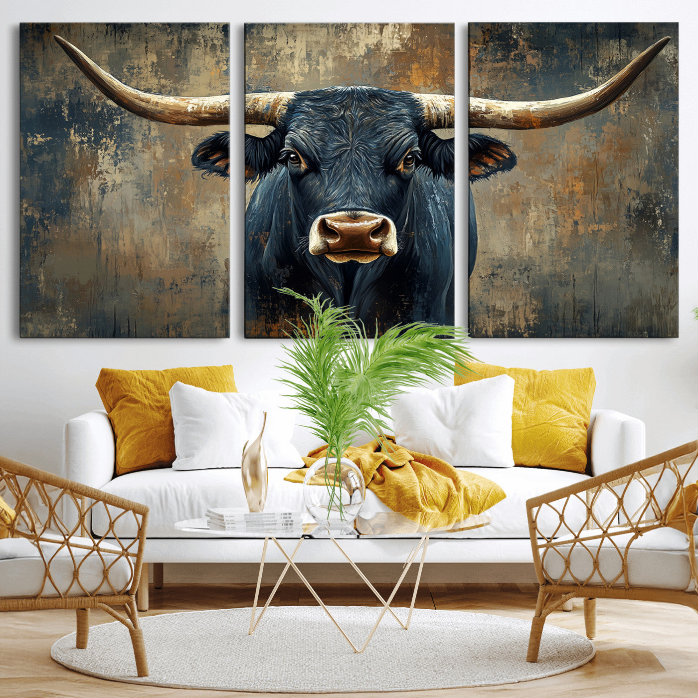 MGV-CV-60X30-3P - Texas Western Wall Art Canvas Print - Abstract Cow Longhorn Bull Wall Art Canvas Print - Rustic Cow