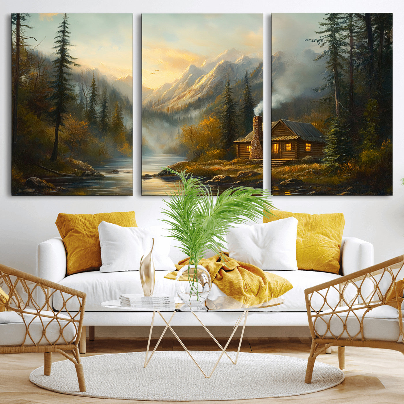 MGV-CV-60X30-3P - Wood Cabin Retreat Mountain at Sunset Wall Art Print - Serene Forest and River Landscape Wall Art