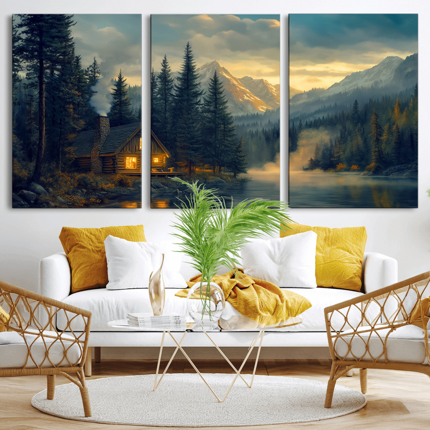 MGV-CV-60X30-3P - Mountain Cabin by the Lake at Sunset Wall Art - Serene Nature Canvas Print for Living Room Decor,