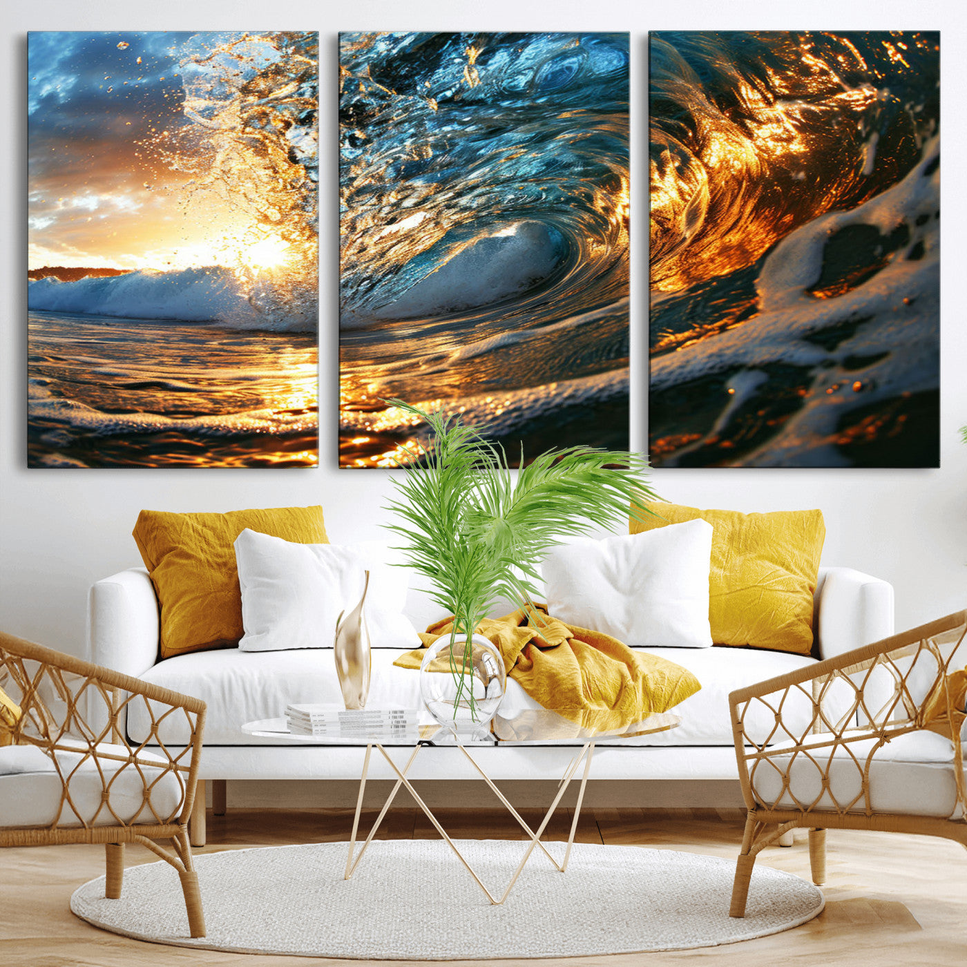 MGV-CV-60X30-3P - Ocean Wave at Sunset Canvas Wall Art – Vibrant Coastal Beach Waves Print, Large Nautical Decor,