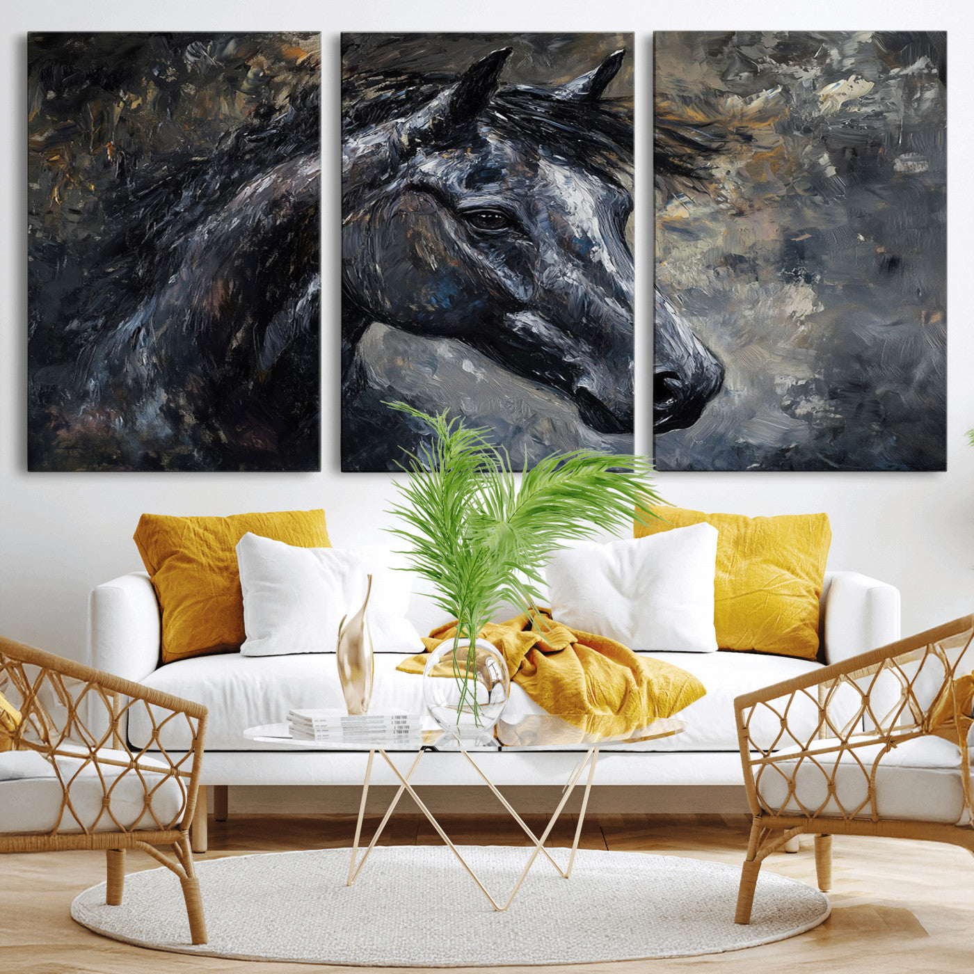 MGV-CV-60X30-3P - Large Abstract Horse Wall Art Canvas Print | Farmhouse Wall Decor | Rustic Horse Art | Western Cabin