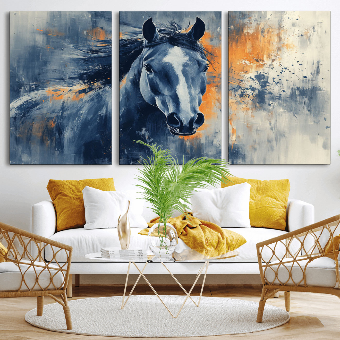 MGV-CV-60X30-3P - Abstract Blue Horse Wall Art Print Canvas | Horse Wall Art Print | Western Decor for Farmhouse |