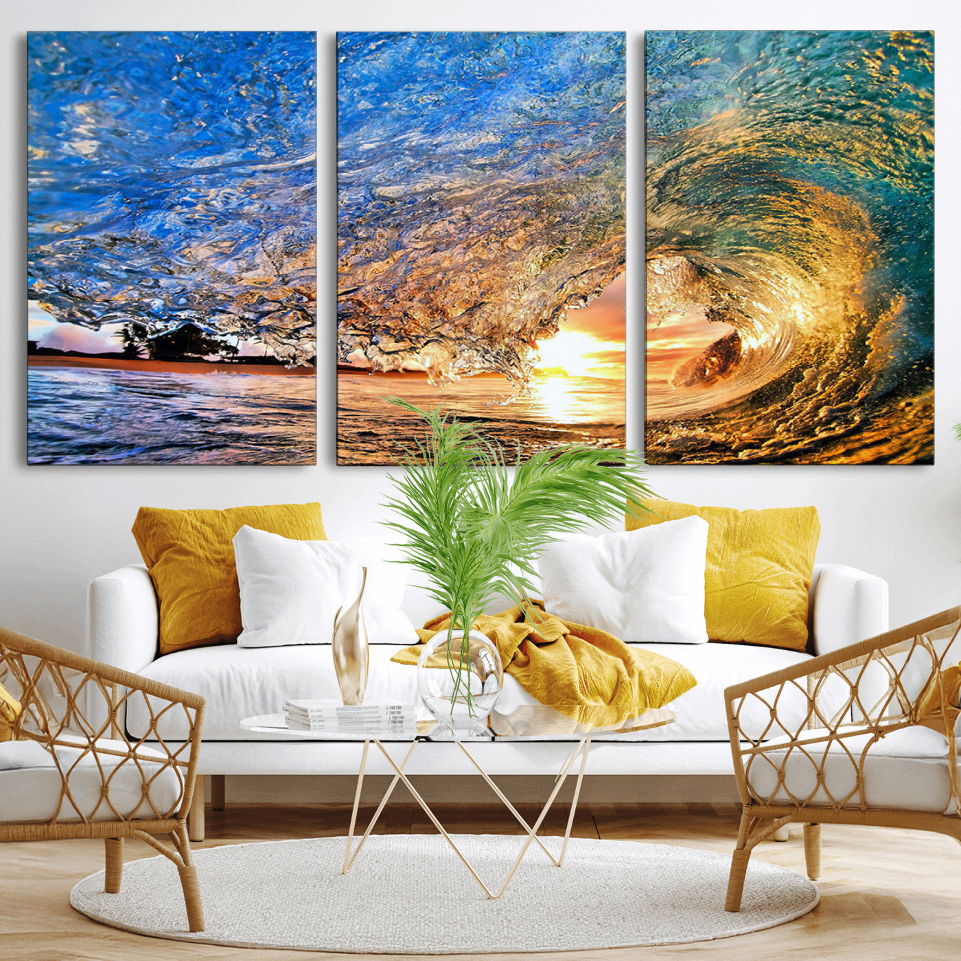 MGV-CV-60X30-3P - Ocean Wave at Sunset Canvas Wall Art – Vibrant Coastal Beach Waves Print, Large Nautical Decor,