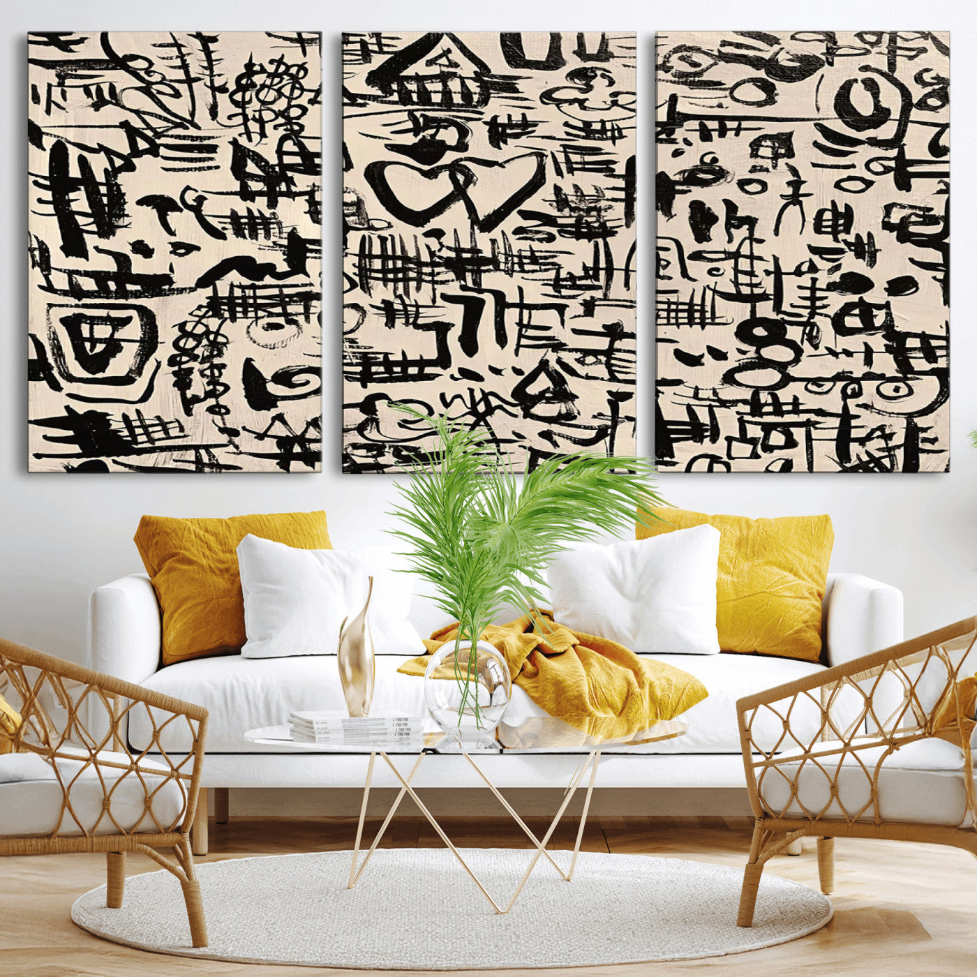 68273-MGV-CV-60X30-3P - Abstract Love and Chaos Canvas Print, Black Symbols on Beige