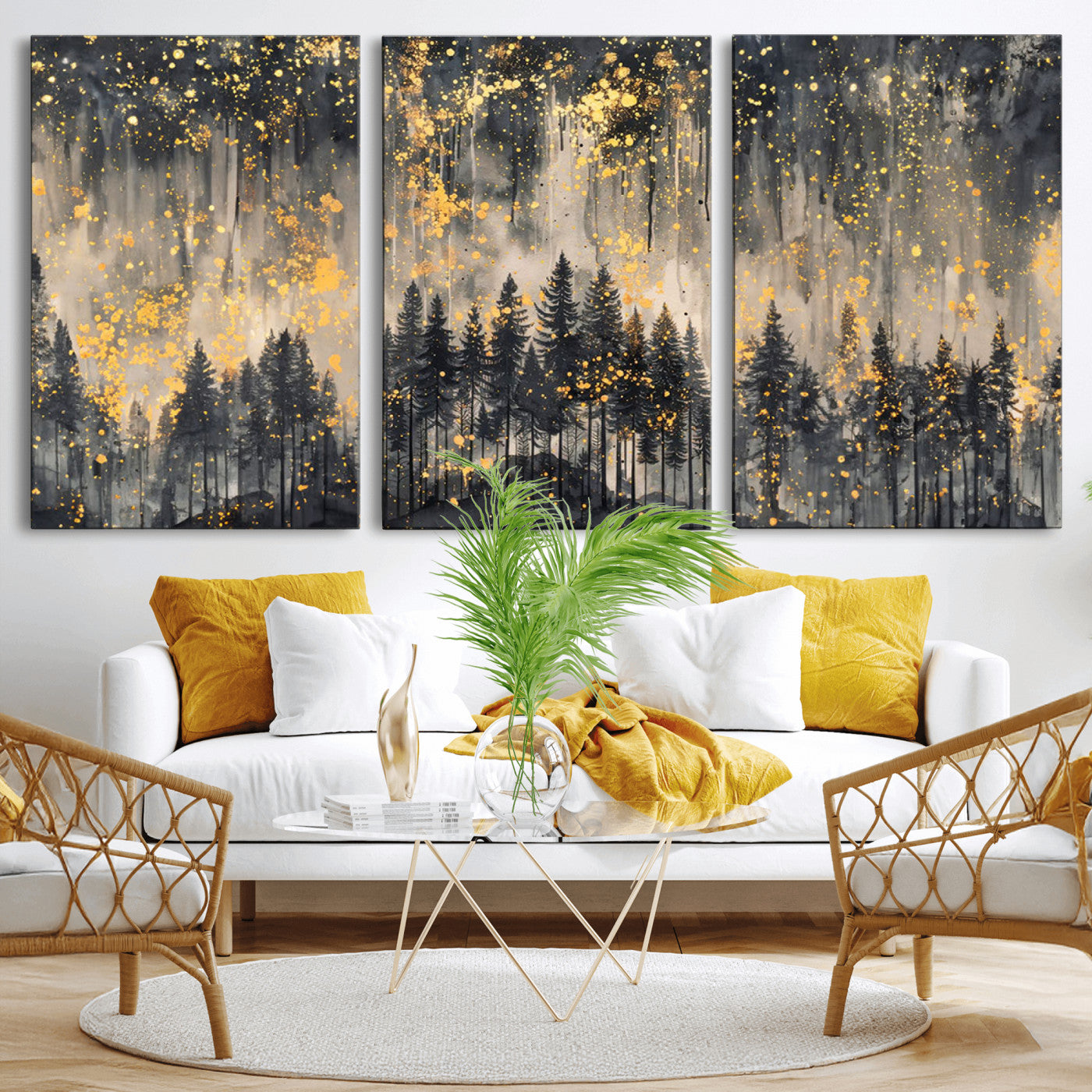 MGV-CV-60X30-3P - Golden Forest Abstract Wall Art | Dark Forest with Gold Splatter Accents | Triptych Ready to Hang