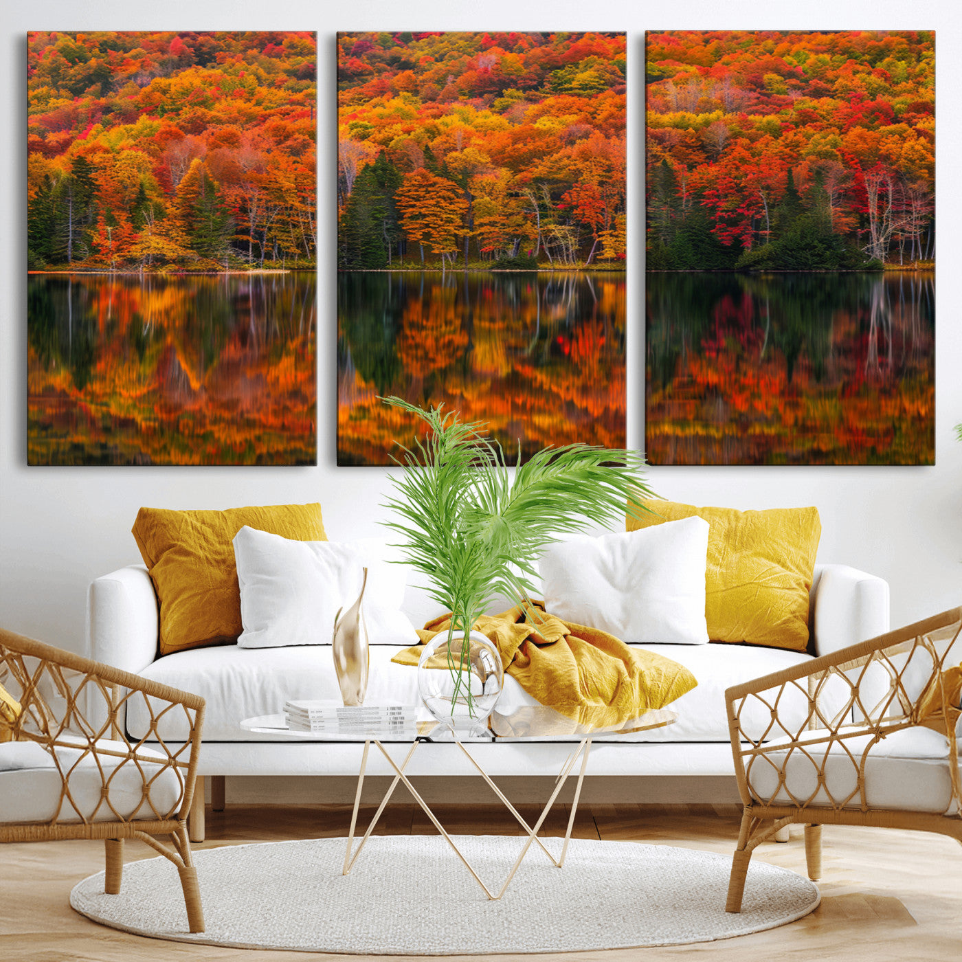 MGV-CV-60X30-3P - Fall Foliage Wall Art - Autumn Reflection Canvas Print, Stunning Fall Foliage Wall Art, Serene Lake