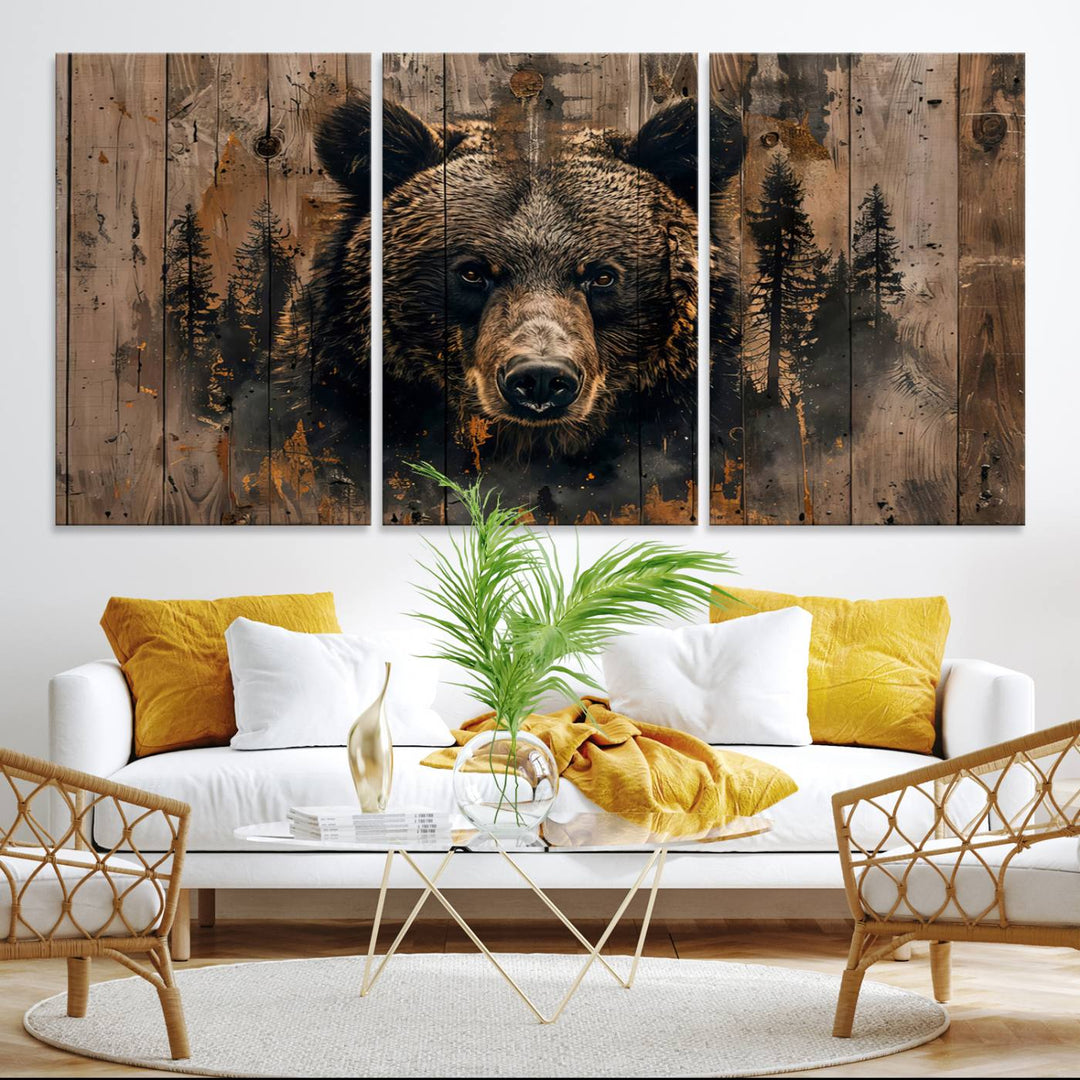 Rustic Grizzly 399 Wall Art is showcased against wood panels with forest silhouettes.