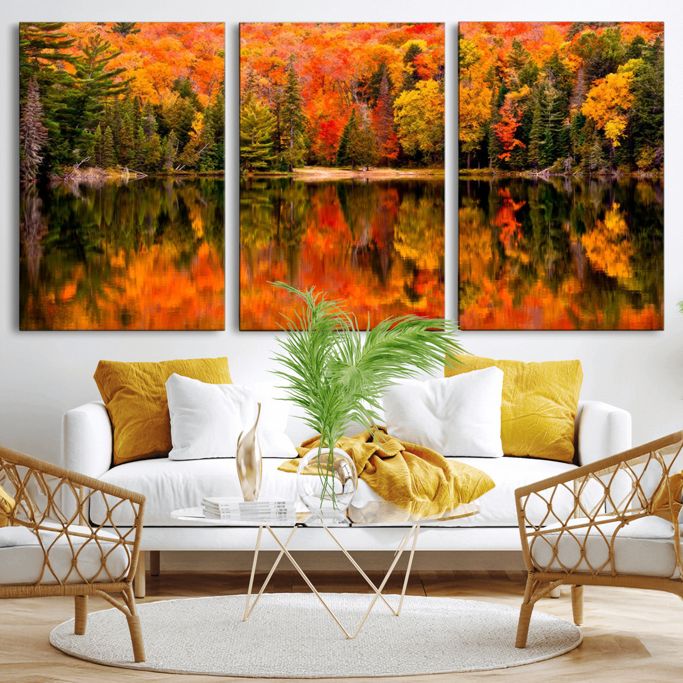 MGV-CV-60X30-3P - Forest Reflection Art | Autumn Forest Reflection Wall Art | Triptych Canvas Print | Vibrant Fall