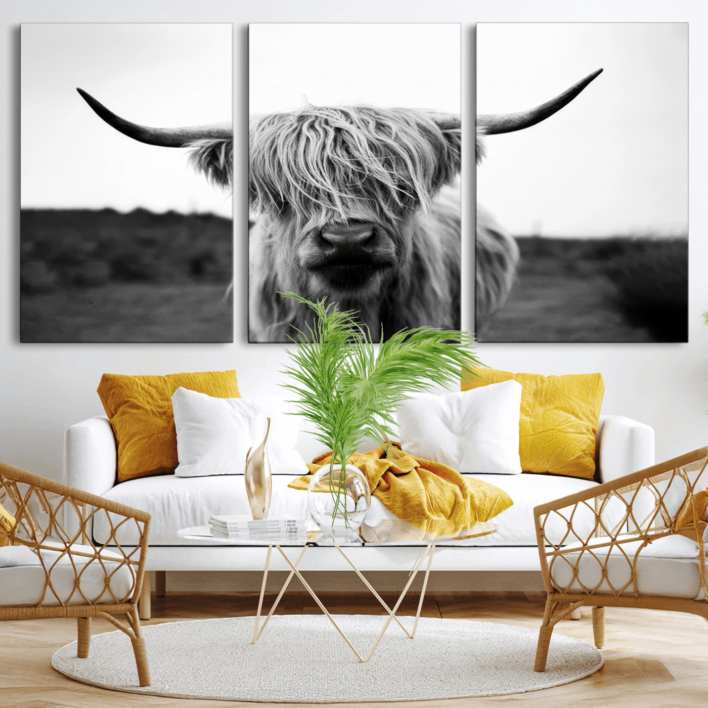 MGV-CV-60X30-3P - Highland Cow Wall Art | Black and White Farmhouse Decor | Triptych Canvas Print | Rustic Barn Decor