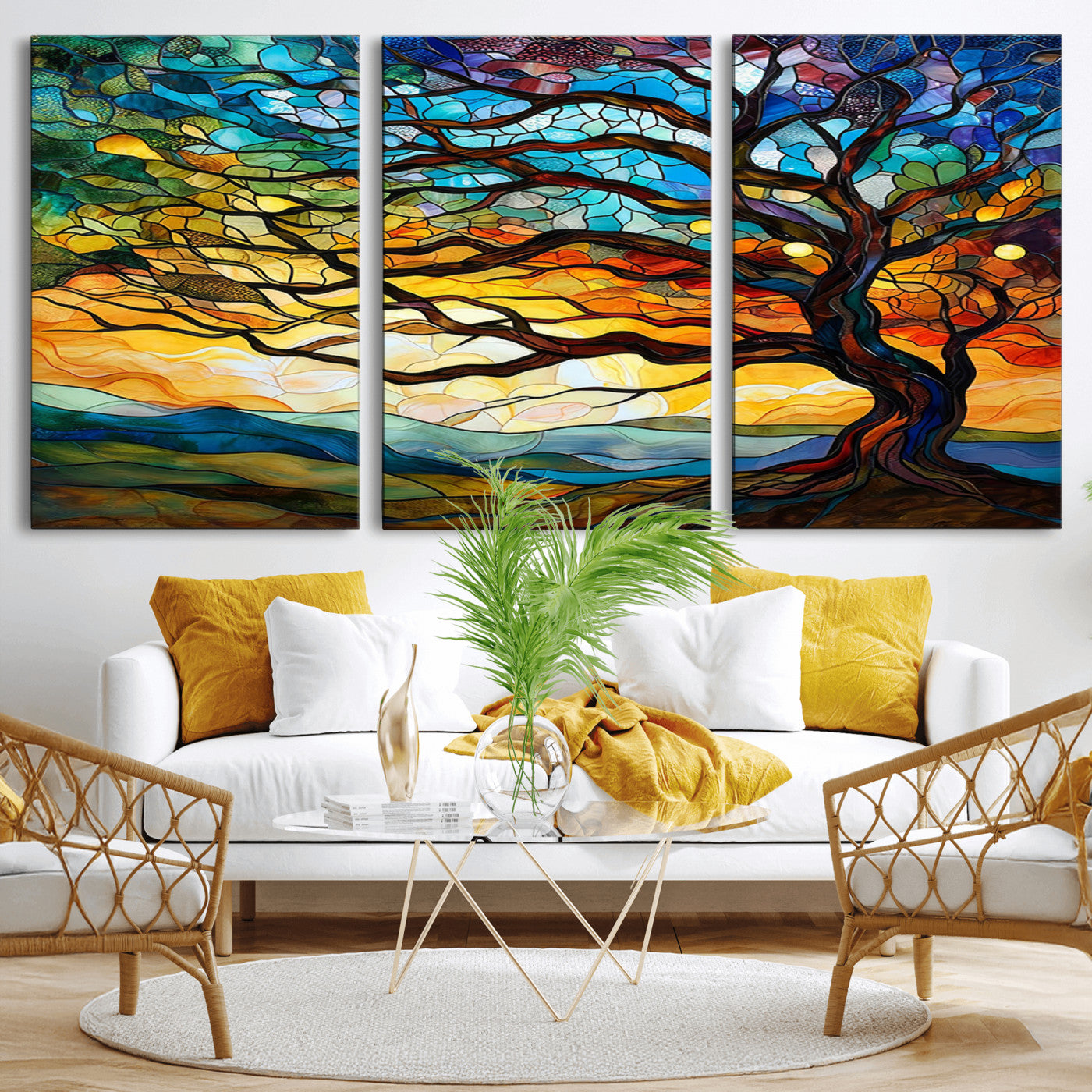MGV-CV-60X30-3P - Vibrant Mosaic Tree of Life Wall Art | Stained Glass Style Canvas Print | Ready to Hang Artistic