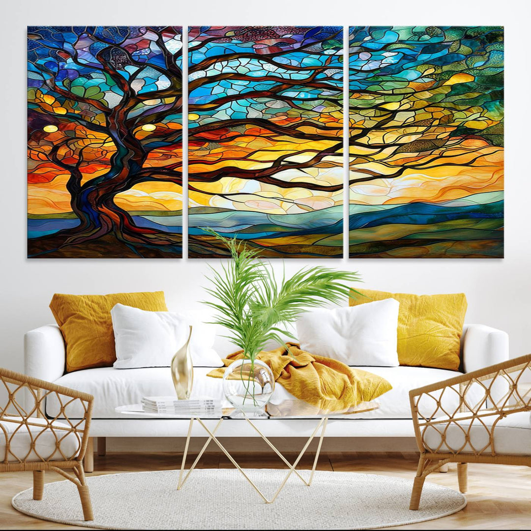 The Mosaic Tree Wall Art features a vibrant sunset, capturing natures beauty.