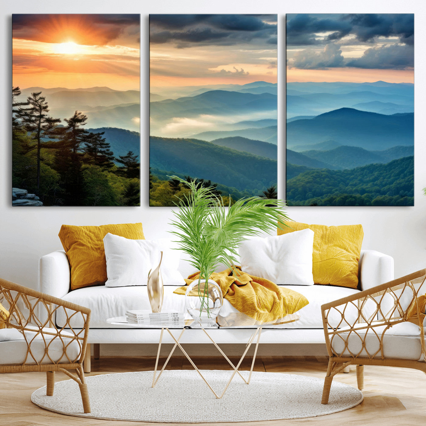 MGV-CV-60X30-3P - Sunrise Over Mountain Range Wall Art Canvas Print, Farmhouse Wall Decor, Cabin Wall Art