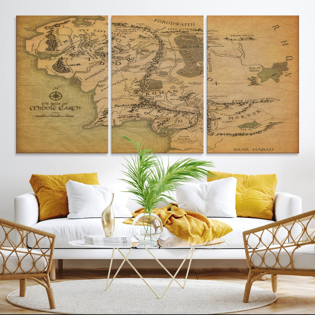 Vintage J.R.R. Tolkien Middle-Earth Map 3 Panel Canvas, perfect as wall art for home or office decor.