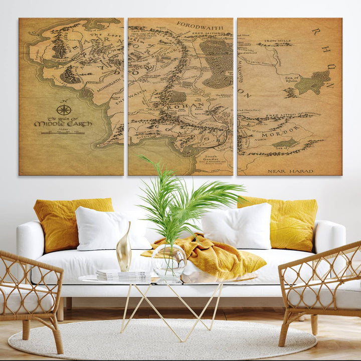 Vintage J.R.R. Tolkien Middle-Earth Map 3 Panel Canvas, perfect as wall art for home or office decor.