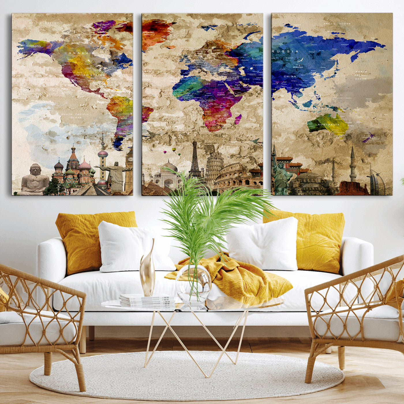 MGV-CV-60X30-3P - Push Pin World Map Canvas Print – Framed Wall Art for Couples to Track Their Travels – Anniversary