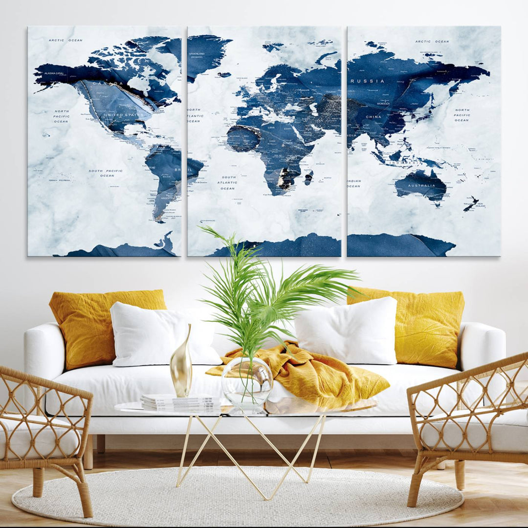 Navy Blue World Map with Antarctica Canvas: A perfect abstract home decor piece featuring a grunge-stained background.